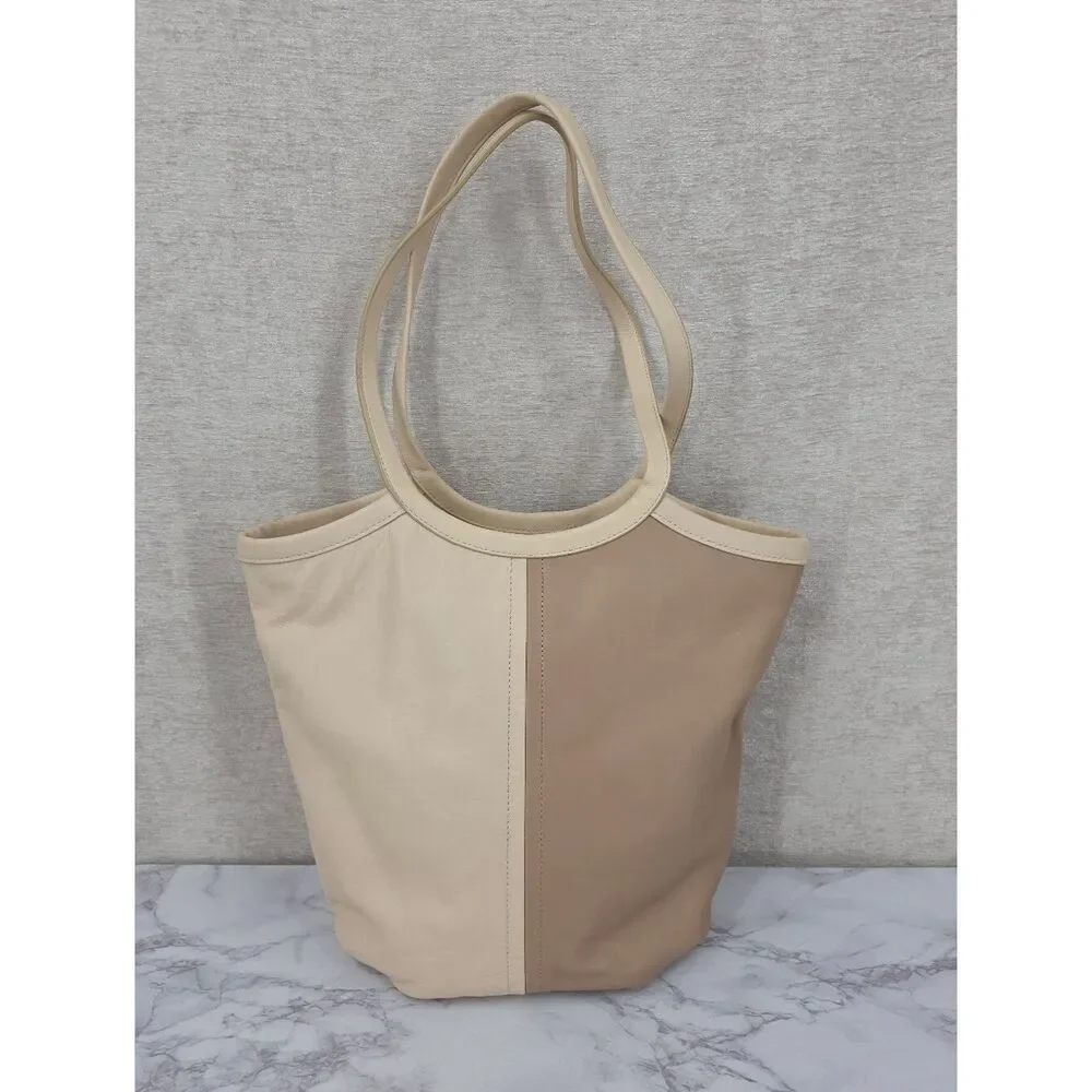 Coach Bea Neutral Two-Tone Ivory & Taupe Leather Top Zip Tote Bag